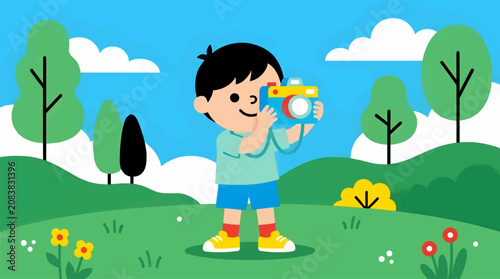 Flat Vector Illustration of a Young Boy Pretending to Take Photos with a Toy Camera in a Green Park, Blue Sky with Clouds and Trees in Background, Bright Daytime Scene