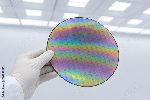 Rainbow silicon wafer in clean room light