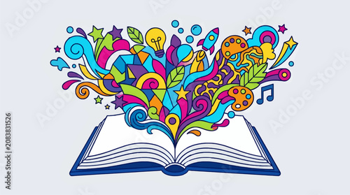 Flat Vector Illustration of an Open Book with Vibrant Abstract Shapes, Symbols of Creativity and Imagination Exploding Outwards, Lightbulb, Rocket, Paint Palette, Music Notes, Stars, and Swirls