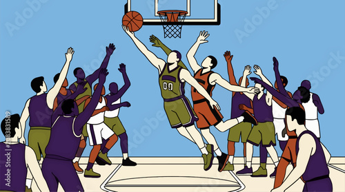 Flat Vector Illustration of Basketball Players in Action, One Player Reaching for Ball Near Hoop, Diverse Team Competition on Court, Dynamic Sports Scene with Bold Lines and Solid Colors