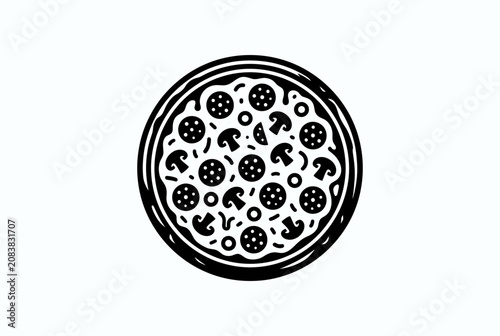 Black and White Pizza Icon - Mushroom and Pepperoni Toppings