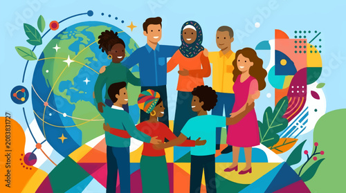 Flat Vector Illustration of Diverse Multi-Ethnic People Linking Arms in a Circle Around the Earth, Representing Global Unity and Connection, Vibrant Geometric Background with Abstract Shapes and