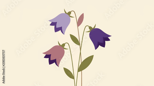 Flat Vector Illustration of Three Delicate Bellflowers in Purple and Pink Hues on a Creamy Background, Minimalist Botanical Design with Green Leaves and Stems, Simple and Elegant Floral Graphic