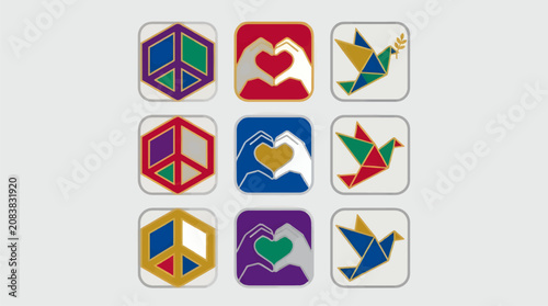 Geometric Flat Vector Icons of Peace Symbols, Origami Doves, and Heart Hands in Blue, Green, Red, Gold, and Purple Color Palettes