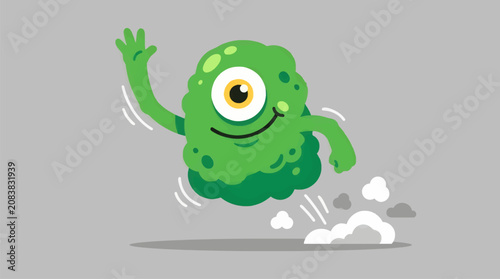 Goofy Green Blob Monster with One Large Eye Waving Hello, Flat Vector Illustration with Uneven Arms and Cloud Dust Effect, Whimsical Character Design on Grey Background