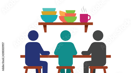 Restaurant dining silhouettes seated at counter with kitchen shelf in clean flat vector for food service marketing