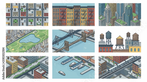 Isometric New York City Scenes Collection, Flat Design Vector Illustrations of Landmarks and Cityscape Elements, Including Buildings, Bridges, Parks, Water Towers, and Transportation