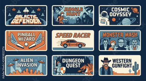 Retro Video Game Marquees Set: Flat Design Illustrations of Galactic Defender, Jungle Hunt, Cosmic Odyssey, Pinball Wizard, Speed Racer, Monster Mash, Alien Invasion, Dungeon Quest, and Western