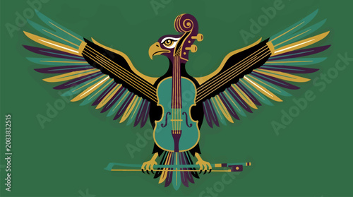 Stylized Flat Vector Illustration of an Eagle with a Cello Body and Violin Scroll Head, Holding a Bow, Featuring Teal, Gold, and Purple Wings on a Green Background, Graphic Resource