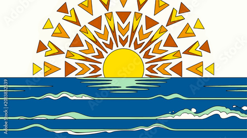 Stylized Flat Vector Sunrise Over Abstract Ocean Waves, Geometric Sun Rays and Triangles, Bold Graphic Design with Copy Space