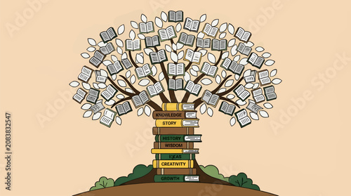 Tree of Knowledge Illustration: Stacked Books Form Trunk with Titles like Wisdom, Ideas, Growth, and Books as Leaves on Branches, Flat Design Vector Graphic with Copy Space
