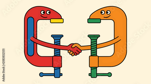 Two Friendly Clamp Characters Shaking Hands, Flat Vector Illustration Symbolizing Agreement and Partnership, Red and Orange Figures with Smiling Faces on Cream Background