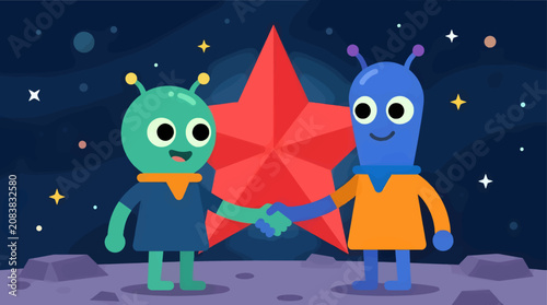 Two Simple Flat Vector Aliens Shaking Hands on a Rocky Planet Surface, Red Star and Planets in Deep Space Background, Friendly Greeting and Collaboration Concept