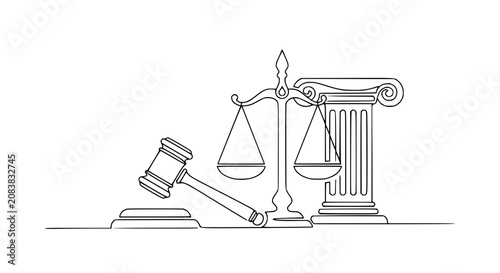 Foto Justice Symbol: Gavel, Scales of Justice, and Column in Minimalist Line Art Styl