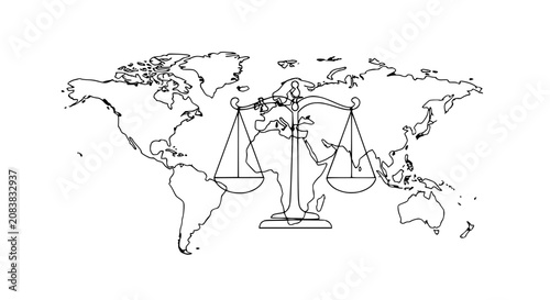 Bild auf Leinwand Global Justice Scales on World Map Outline - International Law and Fairness Conc