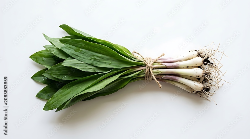 Fototapeta premium Fresh green basil leaves with stems isolated.