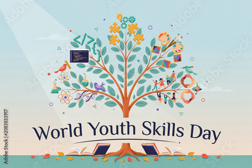 World Youth Skills Day Illustration with Tree of Skills and Learning Icons