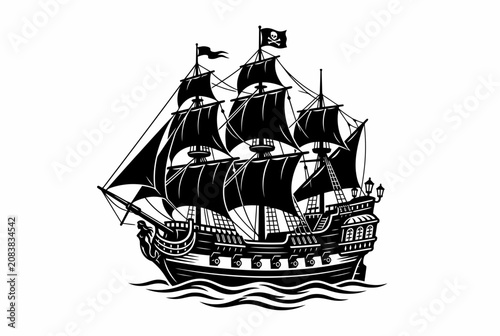 Fényképezés Black pirate ship with Jolly Roger flag sailing on waves, vector illustration