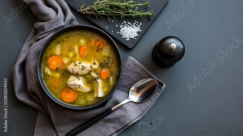 Homemade chicken vegetable soup with carrots herbs and broccoli served in black bowl