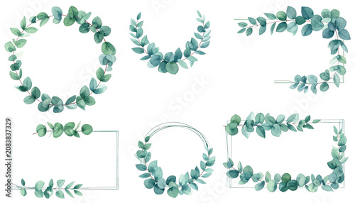Watercolor Eucalyptus Wreath Frames & Botanical Decor Elements Free Clipart