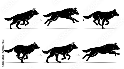Silhouette sequence of a wild wolf running and leaping, showing various motion phases of a canine in a sprinting gait