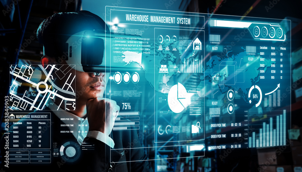 Obraz premium Future virtual reality technology for innovative VR warehouse management . Concept of smart technology for industrial revolution and automated logistic control .