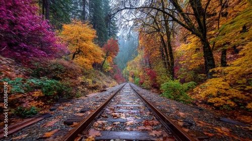 Vibrant Autumn Landscape Along Abandoned Railway Surrounded by Colorful Trees and Misty Mountains in a Scenic Nature Setting