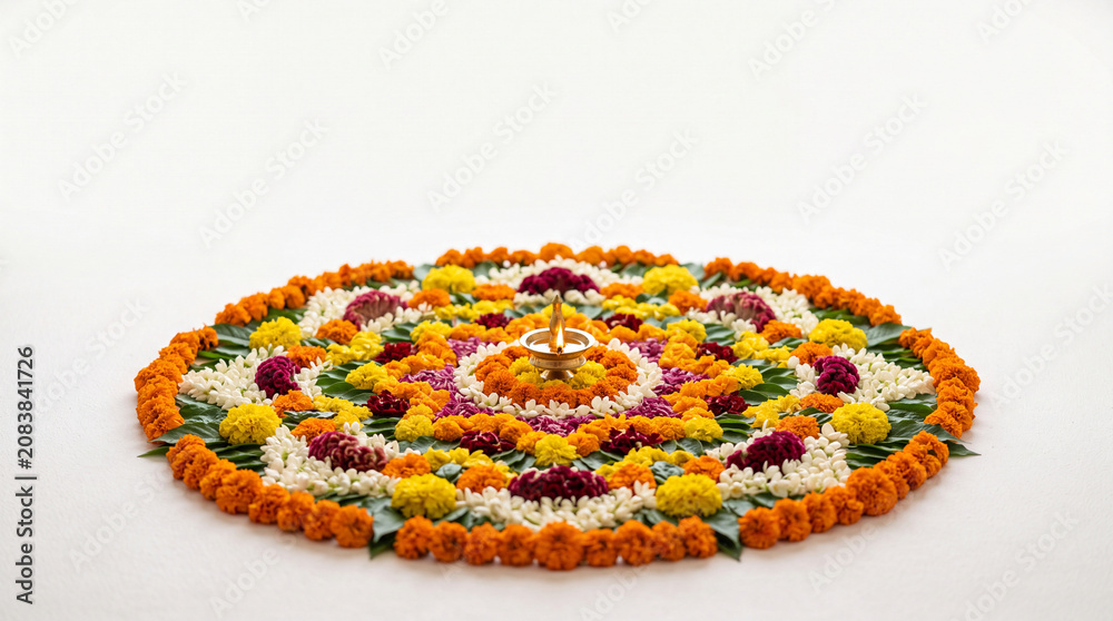 Fototapeta premium Traditional floral Pookalam rangoli with a brass lamp in the center, crafted from vibrant marigold flowers for the Onam festival, isolated on a white background with copy space.