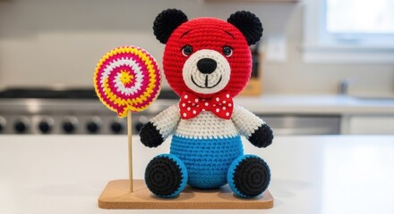 A crocheted teddy bear with a lollipop sits on a kitchen counter indoors.