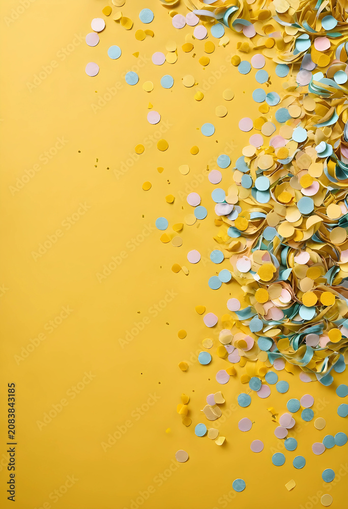 Fototapeta premium Colorful confetti scattered on yellow background