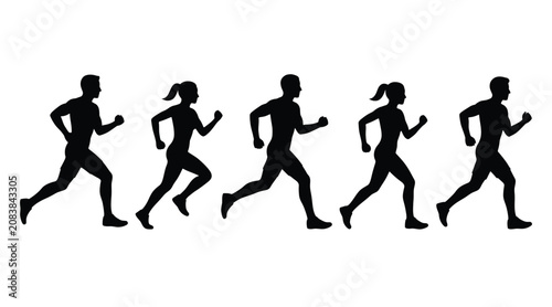 Set of people running, silhouettes of men and women jogging