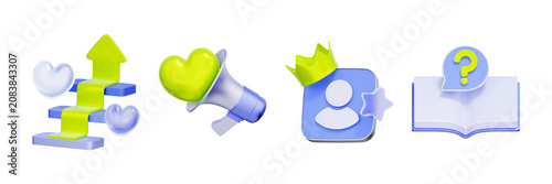 3D illustration of megaphone with heart and open book for brand advocacy, customer loyalty, premium membership, user manual, and FAQ help center.