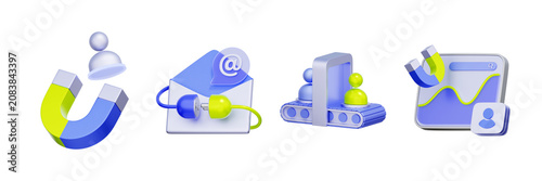 3D illustration of magnet with user profile and conveyor belt for customer acquisition, lead generation, sales pipeline, email integration, and retention tracking.