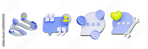 3D illustration of winding path with quote bubble and user avatar for customer journey, user testimonial, service review, client feedback, and support chat