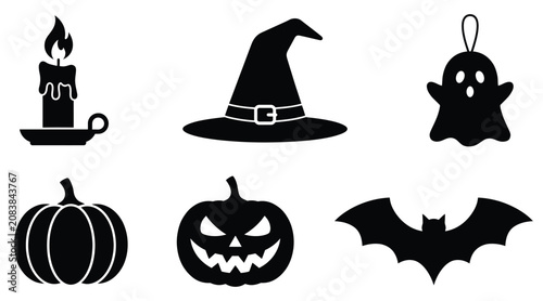 Set of halloween icons including candle, witch hat, ghost, pumpkin, jackolantern and bat