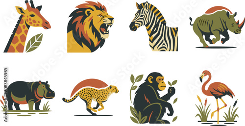 Canvas Print African Safari Wildlife Animal Vector Icon Set Featuring Lion Giraffe Zebra Rhin