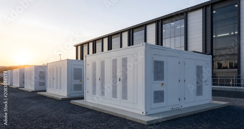 Grid battery storage units beside modern data center
