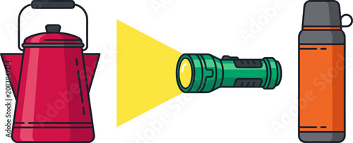 Photos Camping Adventure Vector Set with Red Coffee Percolator Pot Green Flashlight and