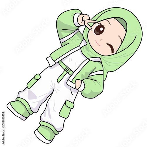 Cute Chibi Muslim Girl Wearing Hijab Making Peace Sign Cartoon Illustration