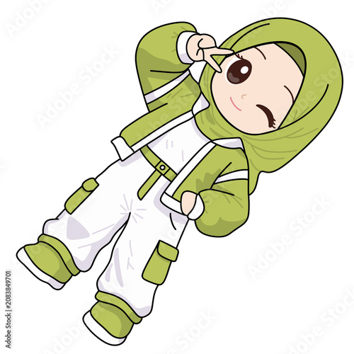 Cute Chibi Muslim Girl Wearing Hijab Making Peace Sign Cartoon Illustration