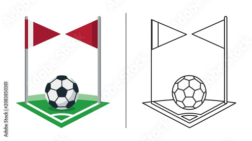 Cuadro en lienzo Soccer Corner Kick Zone with Ball and Flags - Color and Outline Versions