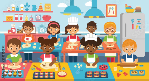Foto This colorful illustration depicts a group of diverse children happily learning to bake and decorate treats in a bright, well-equipped kitchen