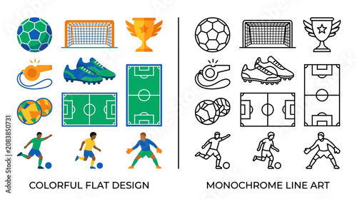 Soccer Icons Set: Colorful Flat Design & Monochrome Line Art for Sports and Games