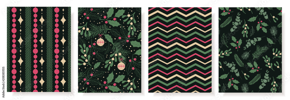 Fototapeta premium Christmas seamless pattern set with holly, zigzags, ornaments and winter foliage in dark green, pink and cream, festive repeat for wallpaper, textile, wrapping paper and holiday decor.
