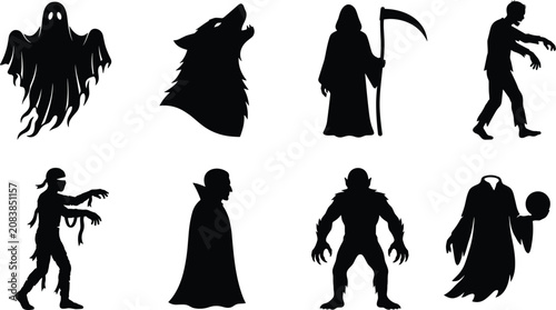 Tableau sur toile Halloween spooky monster silhouette icon set featuring ghost werewolf grim reape