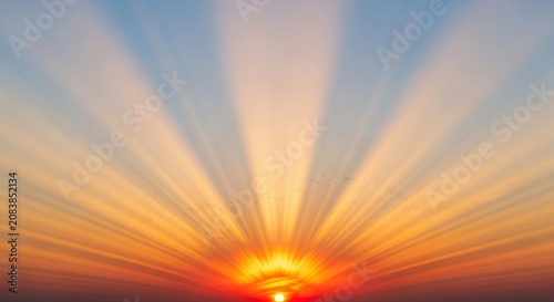 Cinematic radiant dawn with powerful orange and gold light rays fanning out symmetrically and distant bird silhouettes