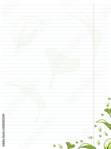A lined sheet of notepaper featuring a green botanical design in the corner