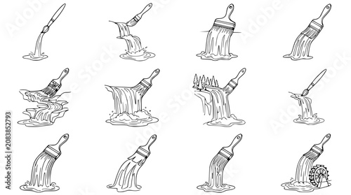 Schilderij op canvas Paintbrush Waterfall Illustrations: Art Creation Metaphors, Creative Flow, and A