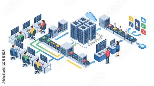 Isometric Data Center Infrastructure with Digital Workflow and Server Management.