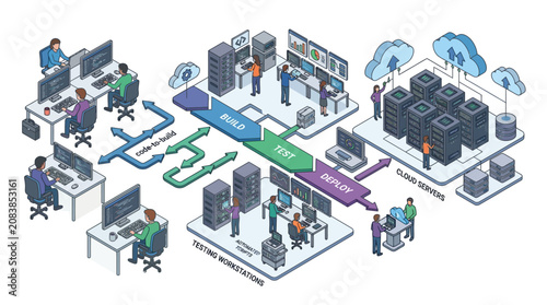Isometric DevOps Lifecycle Illustration with Development and Cloud Operations.